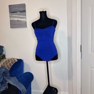 Express brand, bright blue thong bodysuit with ruching detail size XS